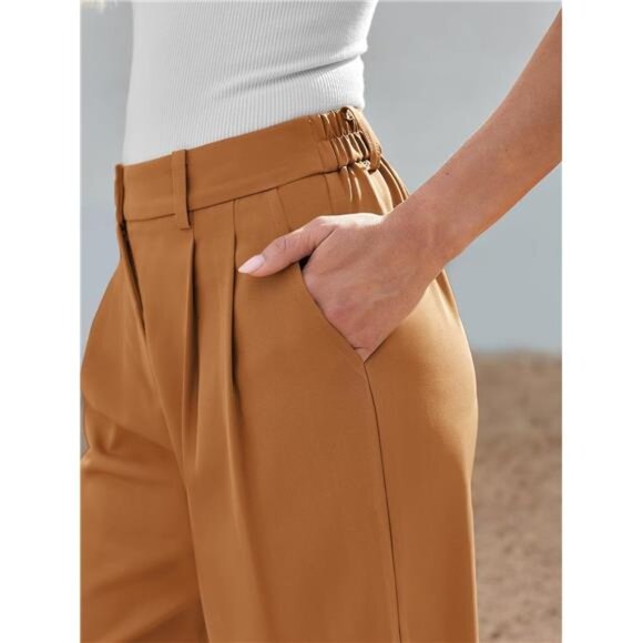 Women's High Waisted Wide Leg Dress Pants‎ - Dressy Trousers , Brown - Picture 5 of 7